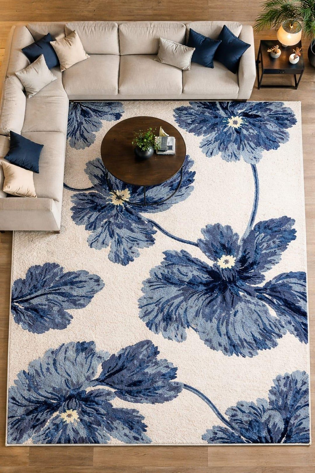 Hand Tufted Wool Blue Floral Area Rug 8x10, Modern Botanical Statement ...