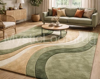 Green Abstract Area Rug | Contemporary Wavy Carpet, Scandinavian Decor