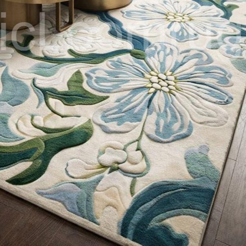 Hand Tufted Wool Floral Area Rug, Botanical Living Room Carpet - Etsy