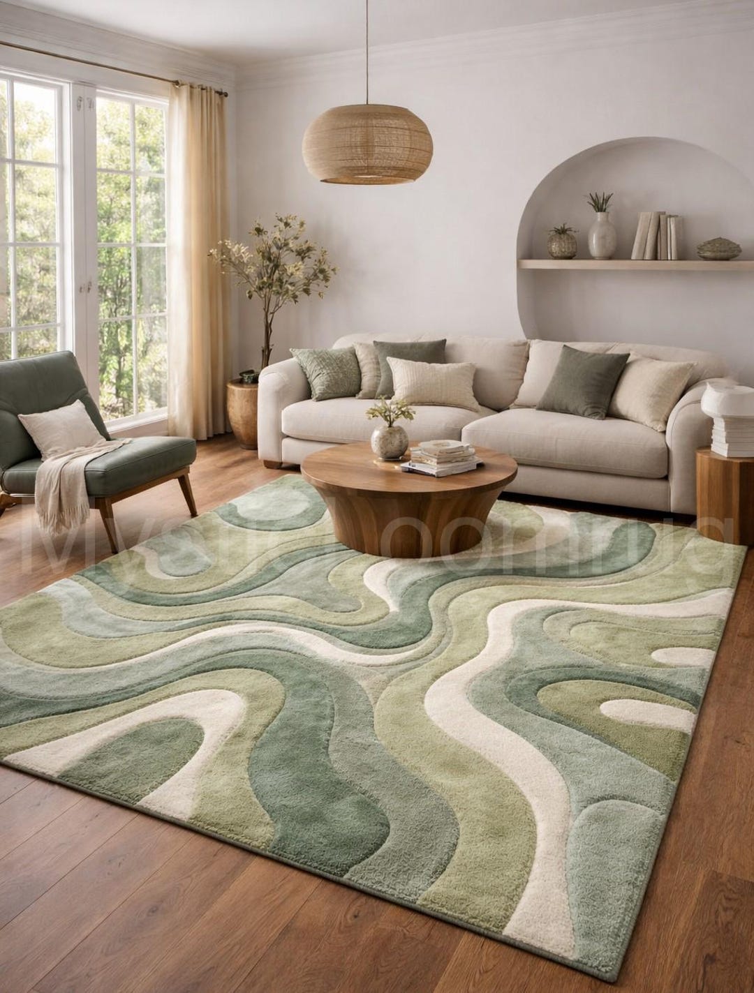 Hand Tufted Moss Green Abstract Area Rug, Modern Organic Sage Living ...