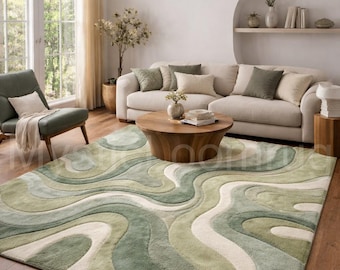 Hand Tufted Moss Green Rug, Abstract Wave Plush Carpet