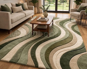 Green Abstract Wave Rug, Hand Tufted Organic Pattern Carpet, Modern Living Room Home