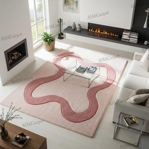 Blush Pink Abstract Hand Tufted Rug, Wavy Design Wool Rugs, Soft Handmade Textured Carpet, 8x10 Living Room Rug, Modern Custom Size Area Rug