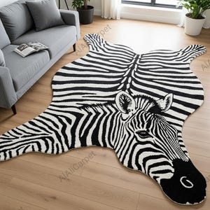 Black Irregular Hand Tufted Rug, White Zebra Stripes Design Wool Rug, Modern Contemporary Animal Print Rug, 6x9 Area Living Room Carpet