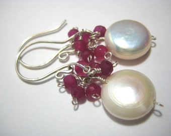 Ruby Coin Pearl Cluster Earrings