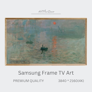May include: A painting of a foggy sunrise over a body of water with boats and a red sun in the sky. The painting is in a wooden frame.