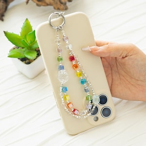Rainbow Crystal Beaded Phone Charm: Rose Accent, Bag/Key Chain