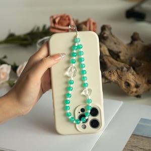 Cinturino per telefono con perline di vetro Bonny color verde acqua, catena per telefono, braccialetto da polso, Y2K, ciondolo per fotocamera, regalo per lei, cinturino in corda, ciondolo per cellulare