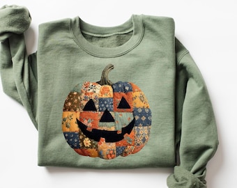 Bluza z dynią w stylu retro patchworkowym na Halloween, koszula na Halloween, sweter z dynią, uroczy strój na Halloween dla kobiet, prezent na Halloween