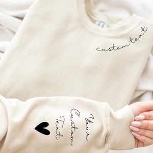 Personalized Minimalist Sweatshirt, Custom Text Hoodie With Names On Neck, Personalized Names Outfit On Sleeve, Customizable Crewneck Gifts