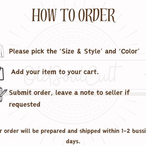 May include: A cream-colored graphic with the text "HOW TO ORDER" in brown. Instructions include picking size and color, adding to cart, and submitting the order. A sweater, shopping bag, and notepad icons are also present.