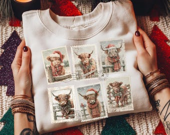 Felpa natalizia a forma di mucca, maglione a forma di mucca delle Highlands, felpa con cappuccio natalizia in stile fattoria, maglietta natalizia, maglietta natalizia a forma di fattoria, maglietta da donna a forma di mucca