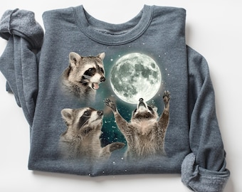 Drie wasberen retro grafische shirts, vintage sweatshirt wasbeer maan, wasbeerliefhebbers, grappige wasbeer, oversized, gekke cadeaus, vuilnispanda