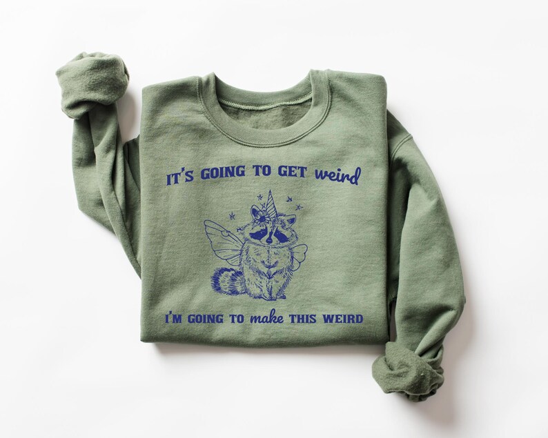 May include: Green sweatshirt with a blue graphic of a raccoon wearing a unicorn horn and fairy wings. The text "It's going to get weird" and "I'm going to make this weird" is printed on the sweatshirt.