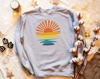 Retro Sunset Rays Wavy Sweatshirt, Sun Shirt, Retro Sunshine Sweatshirt, Beachy vibes, Retro Summer Time, Sunset Shirt, Beach Hoodie