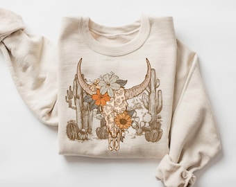 Cactus léopard, crâne de vache du désert occidental, chemise de buffle à longues cornes bohème du sud-ouest, esthétique occidentale, sweat-shirt occidental, pays de l'Ouest