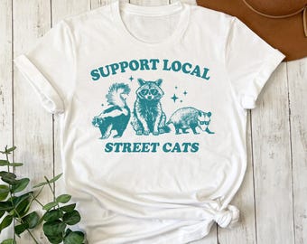 Retro Support Local Street Cats Graphic T-Shirt, Raccoon, Possum