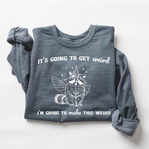 May include: A dark gray sweatshirt with a white graphic of a raccoon with a unicorn horn and wings. The text "It's going to get weird I'm going to make this weird" is printed on the sweatshirt.