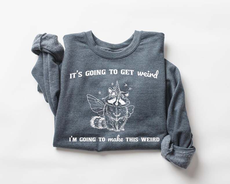 May include: A dark gray sweatshirt with a white graphic of a raccoon with a unicorn horn and wings. The text "It's going to get weird I'm going to make this weird" is printed on the sweatshirt.