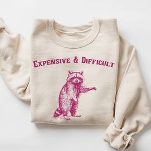 Könnte beinhalten: Ein beiger Pullover mit dem Text "Expensive & Difficult" in Pink bedruckt. Unter dem Text befindet sich eine rosafarbene Illustration eines Waschbären.