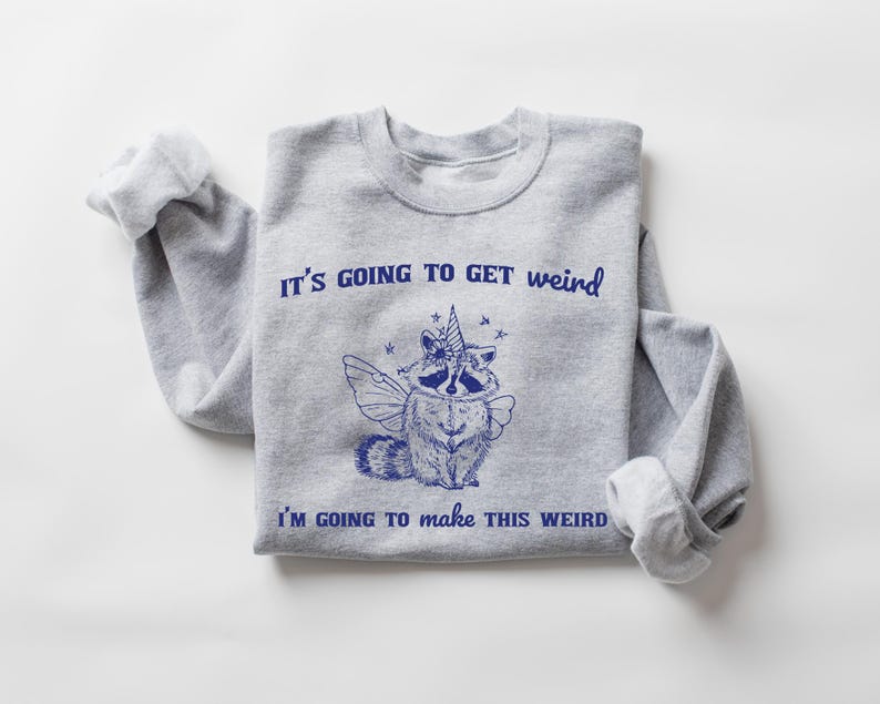 May include: Gray sweatshirt with a blue graphic of a raccoon wearing a unicorn horn and wings. The text "It's going to get weird" and "I'm going to make this weird" is printed on the sweatshirt.