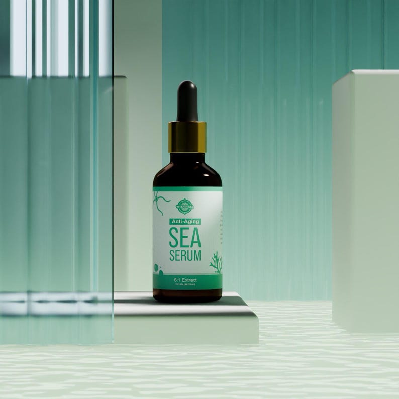 May include: A dark brown glass bottle with a black dropper and gold collar. The label reads "Anti-Aging SEA SERUM" with a green and white design. The bottle is displayed on a white platform against a light green background.