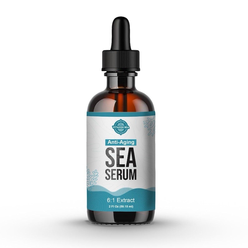 May include: A brown glass bottle of Vitamin Sea Anti-Aging Sea Serum with a black dropper. The label is white with blue accents and text that reads "Anti-Aging SEA SERUM 6:1 Extract 2 Fl Oz (59.15 ml)".