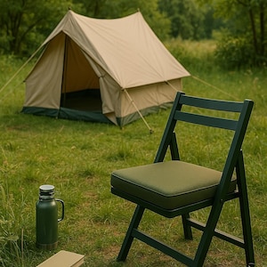 Silla plegable de metal con cojín verde - Asiento portátil para jardín y camping, silla plegable para patio exterior, diseño minimalista moderno