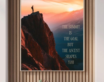 Excursionistas en la cumbre frente a un telón de fondo de montaña, motivación, póster, generado por IA, arte digital, arte con IA, imprimible, decoración de paredes,