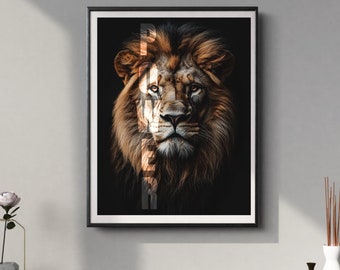 Majestuosa cabeza de león "PODER"; Motivación, póster, generado por IA, arte digital, arte con IA, imprimible, decoración de paredes,