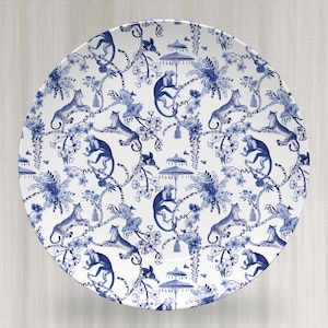 Plate- blue Chinoiserie/Whimsy Blue Monkey Plate/ Luxury plastic chinoserie plate/Chinoserie monkey plate