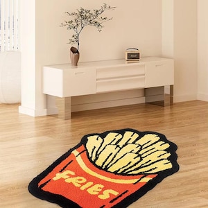Dywan pikowany z motywem frytek z kreskówek do łazienki i salonu - Uroczy dywanik z motywem frytek z fast foodów - Puszysta mata łazienkowa - Art Home Decor