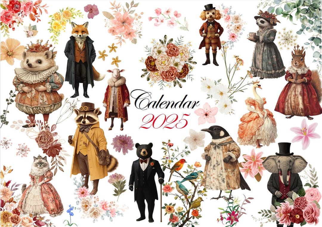 Printable Calendar - Fancy Dressed Animals Vintage Style - Etsy