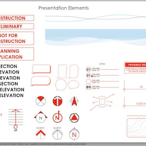 Puede incluir: Un gráfico de presentación blanco con símbolos arquitectónicos y de construcción. Incluye etiquetas de texto como "Construcción", "Preliminar" y "Solicitud de planificación". También presenta flechas direccionales, puntos cardinales e indicadores de escala.