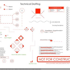 Pode incluir: Um diagrama de desenho técnico com vários símbolos, rótulos e um quadrado vermelho. O diagrama inclui texto como "Technical Drafting", "Not for Construction" e "Ground Floor +0.250".