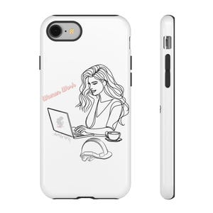 May include: White iPhone case with a black outline. The case features a line drawing of a woman working on a laptop with a cup of coffee. The text "Women Work" is written in pink on the case.