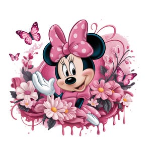 May include: A cartoon illustration of Minnie Mouse in a pink dress and bow with white polka dots. She is surrounded by pink flowers and butterflies. The background has a pink watercolor effect.