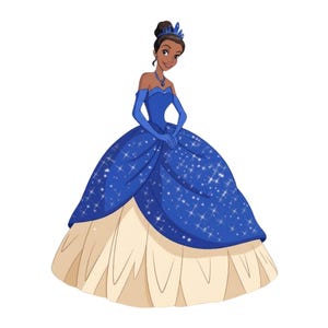 Puede incluir: Una ilustración de un personaje con el cabello oscuro recogido, que lleva una tiara azul, un collar azul y guantes largos azules. El atuendo consiste en un corpiño azul con hombros descubiertos y una falda azul voluminosa con estrellas.