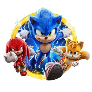 May include: A vibrant image features Sonic the Hedgehog, Knuckles, and Tails. Sonic, in blue, is the central figure, surrounded by a yellow ring and electric blue lightning. Knuckles, in red, and Tails, in orange, complete the dynamic trio.