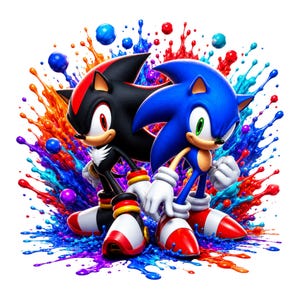 Może przedstawiać: Ilustracja Sonica the Hedgehoga i Shadow the Hedgehoga stojących razem na tle kolorowych plam farby. Sonic jest niebieski z czerwonymi butami, a Shadow jest czarny z czerwonymi akcentami. Obraz ma żywy, kreskówkowy styl.