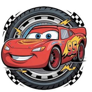 May include: A red cartoon race car with blue eyes and a wide smile, featuring the number 95 in yellow on its side. The car is positioned in front of a large black tire with a checkered pattern border and yellow lightning bolt accents.