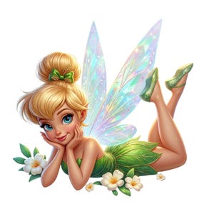 Puede incluir: Ilustración digital de un hada con cabello rubio recogido en un moño, ojos azules y un vestido verde de hojas. Está recostada, con la barbilla en las manos, con alas iridiscentes y zapatos verdes. Flores blancas esparcidas.