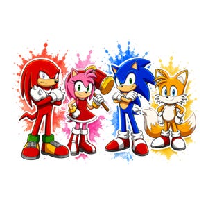 May include: Cartoon illustration featuring Sonic the Hedgehog, Knuckles, Amy Rose, and Tails. The characters are rendered in bright colours and dynamic poses, set against a backdrop of colourful paint splatters.