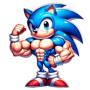 May include: A muscular cartoon hedgehog with blue fur, white gloves, and red shoes. The character flexes its arm, showcasing defined muscles. The image has a vibrant, cartoonish style, with a white background.