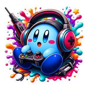 May include: A round blue character wearing large black and red headphones with a plus sign icon, holding a black video game controller. The character is surrounded by a vibrant, multi-colored paint splatter effect with small yellow stars.