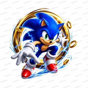 May include: A blue hedgehog character with green eyes, white gloves, and red and white trainers, positioned in front of a large, glowing gold ring. Blue electrical energy sparks surround the character, with smaller gold rings floating nearby.