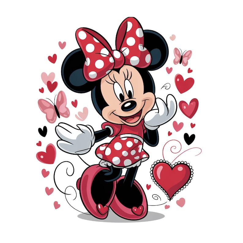 May include: A cartoon illustration of Minnie Mouse wearing a red polka-dot dress and a matching bow. She is surrounded by various pink and red hearts, small black hearts, and light pink butterflies on a white background, creating a cheerful scene.