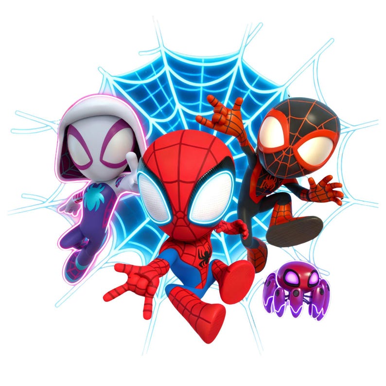 May include: A cartoon illustration of Spider-Man, Spider-Gwen, and Miles Morales, set against a glowing blue spiderweb. The characters are depicted in their superhero costumes. A purple spider-like creature is also included in the image.