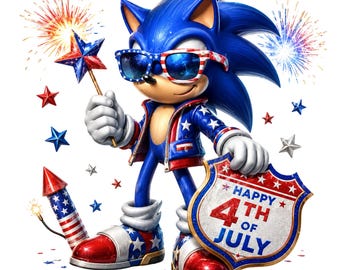 May include: A blue hedgehog character wearing American flag-patterned sunglasses and a matching jacket. The character holds a star-shaped wand and a shield with the text "HAPPY 4TH OF JULY". A firework rocket and floating stars surround the figure.