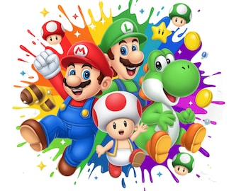 Super Mario Friends Adventure Clipart PNG – Mario, Luigi, Yoshi & Toad Group Design (Digital Download)